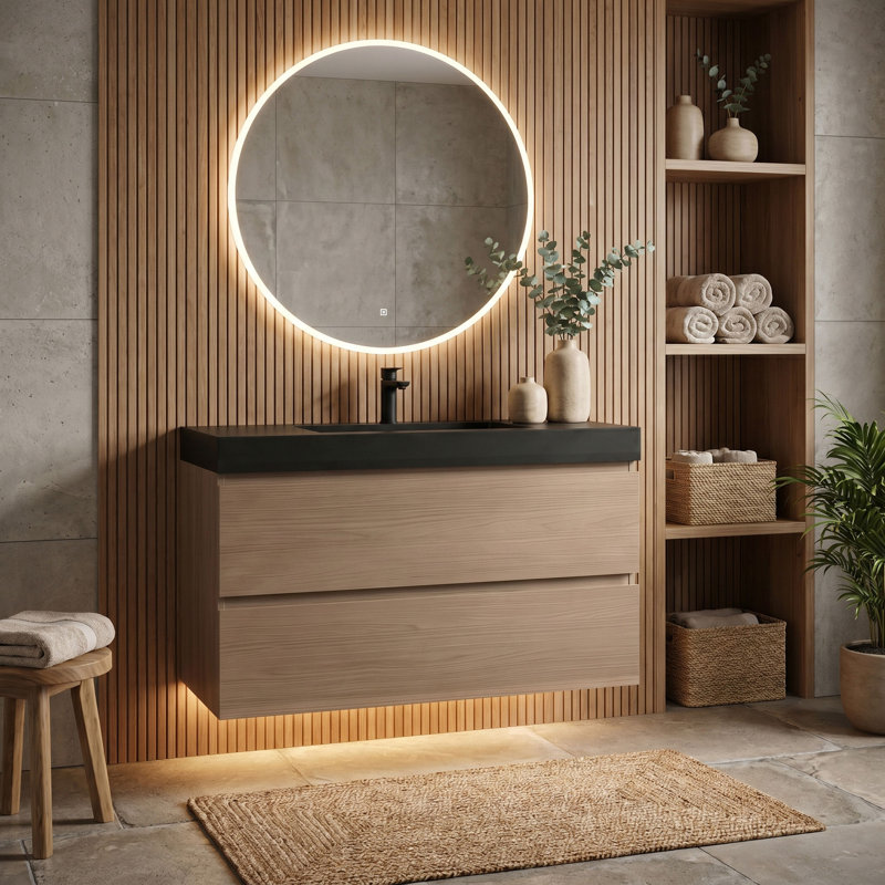 Meuble-lavabo mural simple avec comptoir en quartz et trop-plein, Noir mat, 36", Brown Walnut