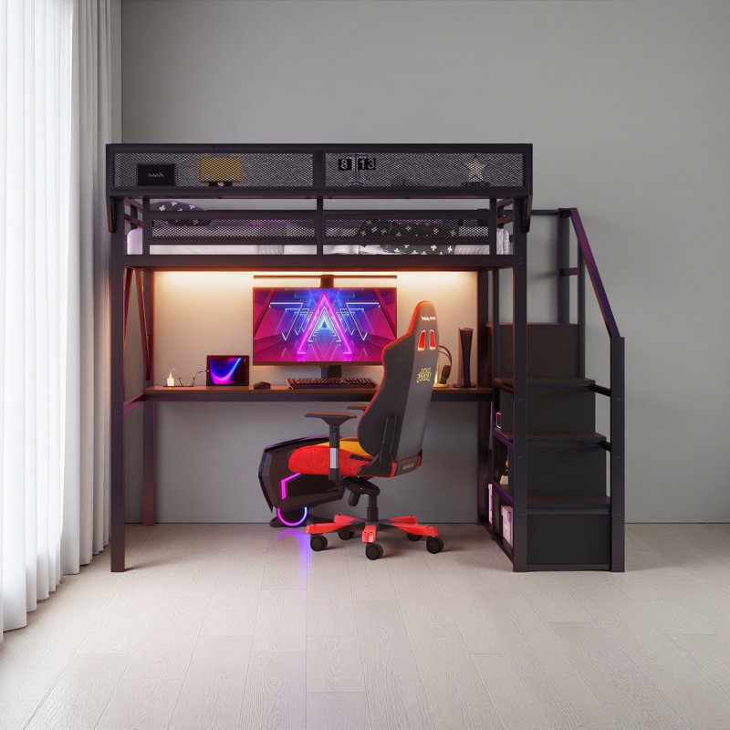 Loft Bed With Desk And Charging Station, Queen