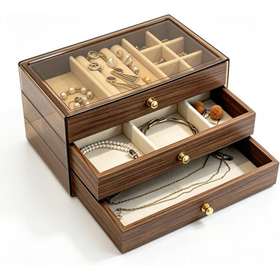 3 Tier Walnut Jewelry Organizer  Wooden Drawer Jewelry Organizer with Velvet Lining Jewelry Box for Rings Earrings Bracelets Necklaces