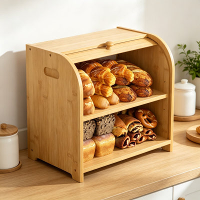 Bamboo Bread Box for Kitchen Countertop, Roll Top Bread Storage Container with Double Layer and Adjustable Shelf for Homemade Bread, Pastries, and Baked Goods
