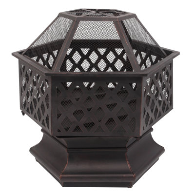 Rustic Iron Hexagonal Wood Burning Fire Pit with Spark Guard, Backyard and Poolside Brazier