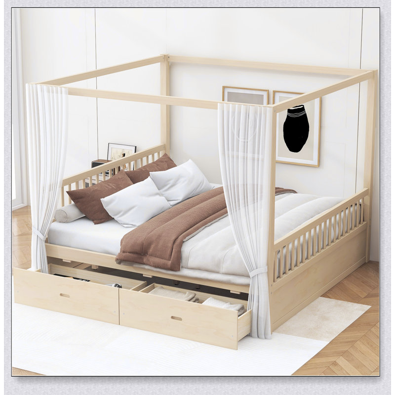 Wooden Canopy Bed With Storage Drawers, Naturel, Très grand lit