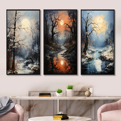 Moonlit Shadows In Winter - Tree Oak Canvas Wall Art Set Of 3