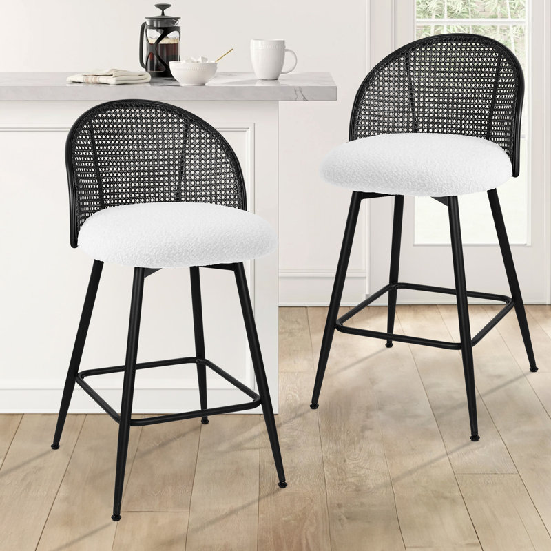 Aansu Swivel Boucle Upholstered Counter & Bar Stool, White, Counter Stool (26" Seat Height), Black