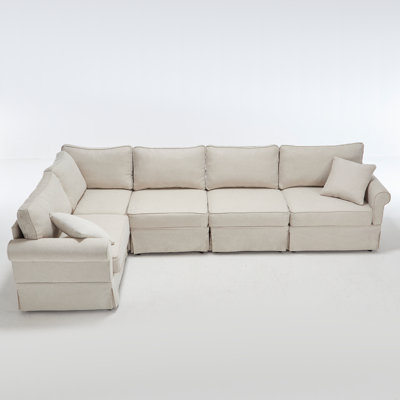 Ensemble de canapé modulaire convertible d'angle modulaire en L à 5 places avec accoudoirs roulés, tissu d'ameublement en lin doux beige, nouvelle arrivée avec vidéo du produit incluse