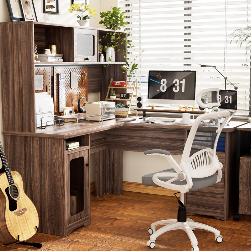 Black L-Shaped Executive Desk with Hutch and Power Outlet