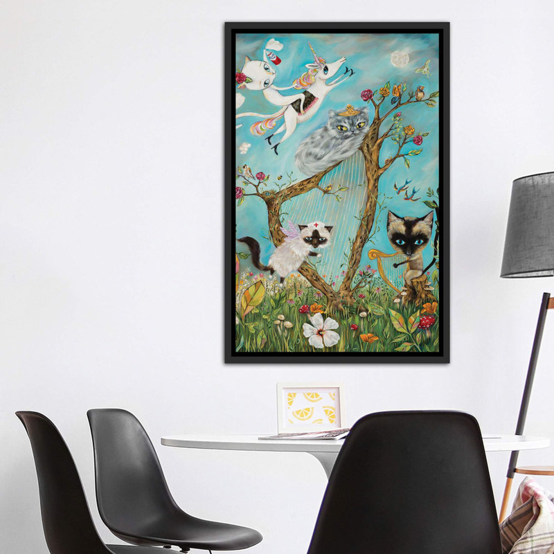 Feline Rhapsody par Heather Renaux - impression d'art graphique, H 60 po x l 40po x P 1,5 po, Toile avec cadre noir patiné