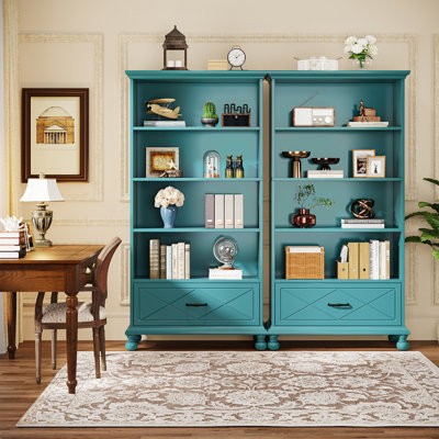 Storage Bookcase, 4-Tier Bookshelf With Drawer（Set of 2）