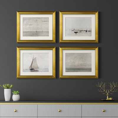 Vintage Nautical III - Antique Nautical Study, Matted and Framed Under Acrylic Glass, Set of 4, Coastal Wall Art for Living Room