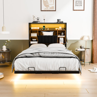 Floating Bed Frame With Charging Station, LED Bed Frame With Storage Headboard