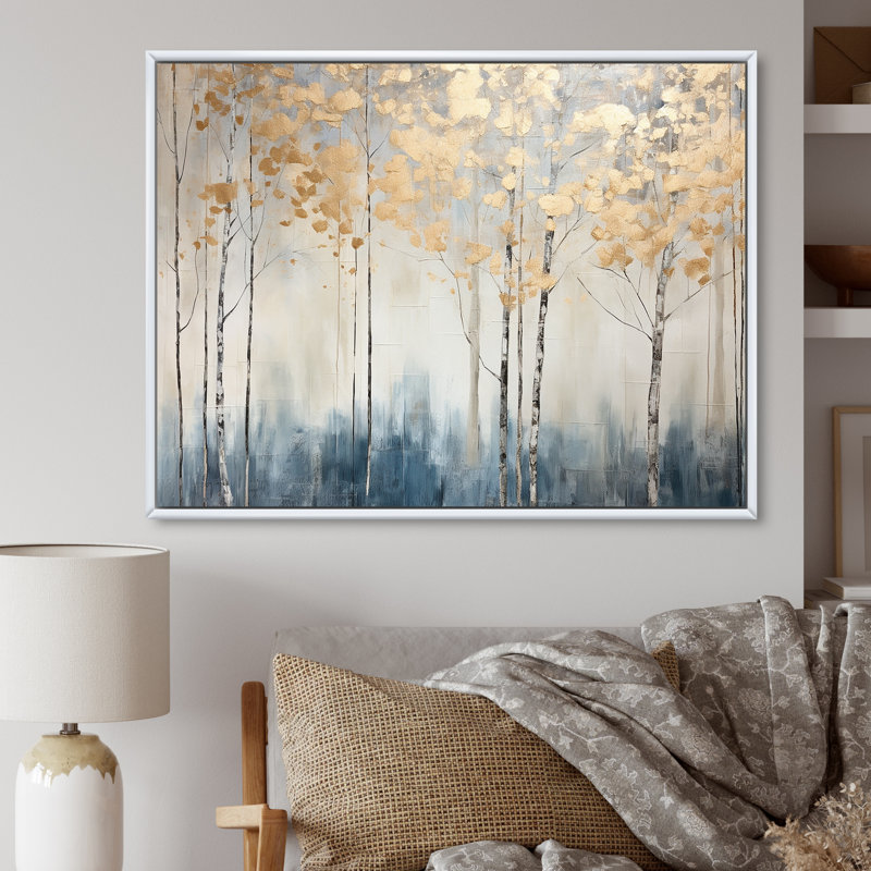 Minimalisme bleu et forêt dorée II - forêt, art mural, H 12 po x l 20 po x P 1 po, Cadre flottant blanc