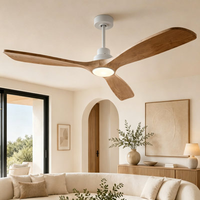 Ventilateur de plafond moderne en bois massif de 52 po à 3 pales avec lumière DEL à intensité variable, 3 tiges, deux tiges verticales et télécommande