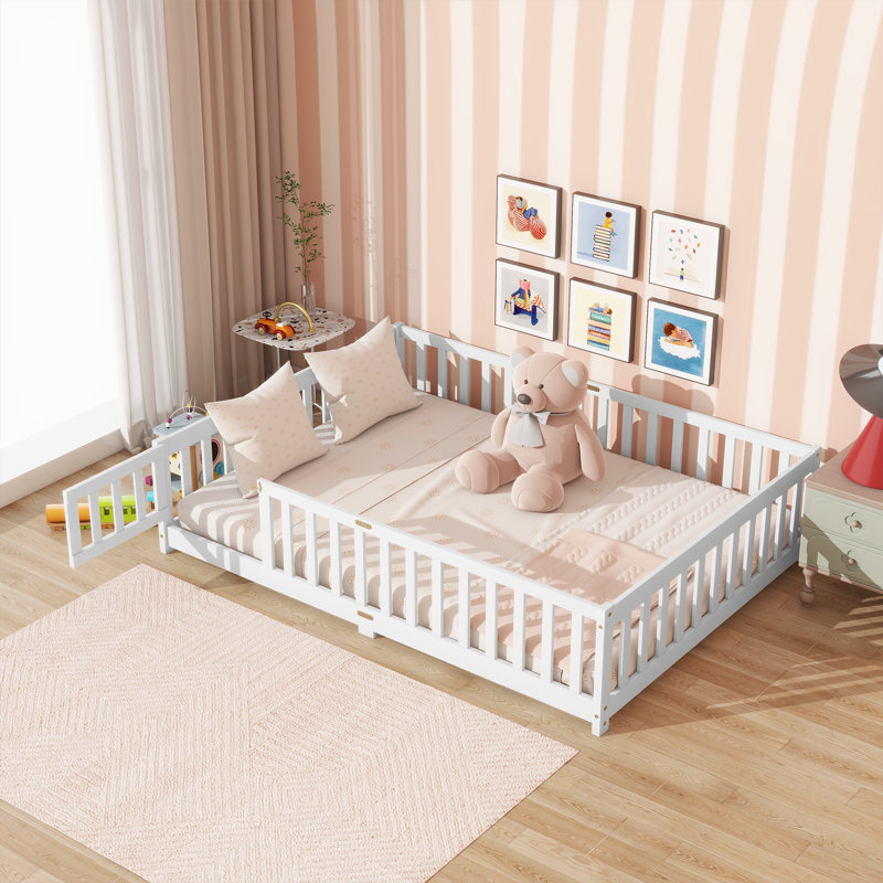 Kids Bed Soild Wood Platform Floor Bed With Safety Guardrails And Door For Bedrooms, Full, White