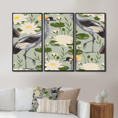Oiseau grue et nénuphars sur fond gris - ensemble de 3 toiles encadrées