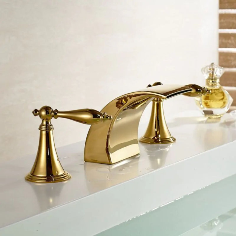 Juno Belem Gold Finish Dual Handle Widespread Waterfall Sink Faucet