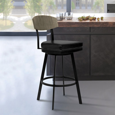 Tabouret de bar 30 po Frisco au fini noir mat avec similicuir noir et noyer gris