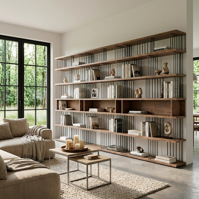 141.73'' Wide Industrial Bookcase — Large Open Shelf Storage Unit With Mdf Shelves And Steel Frame, Freestanding Display Shelving