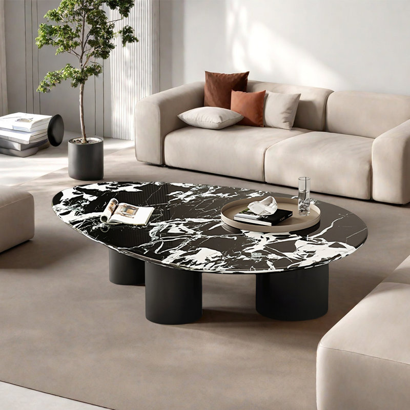 Table basse moderne en marbre minimaliste, Noir, H 15 po x L 51,2 po x l 27,6 po