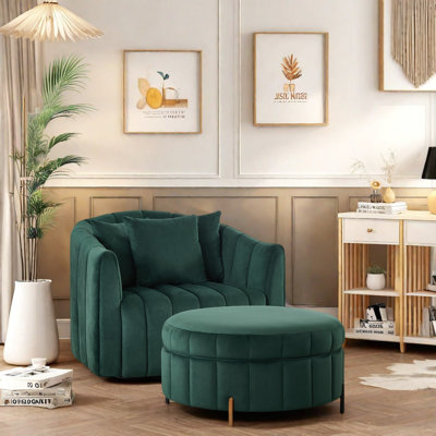 Fauteuil d'appoint pivotant à 360 ° avec repose-pieds avec rangement - Fauteuil rembourré en velours avec coussin en mousse haute densité, conception ergonomique pour le salon, la chambre à coucher, le bureau