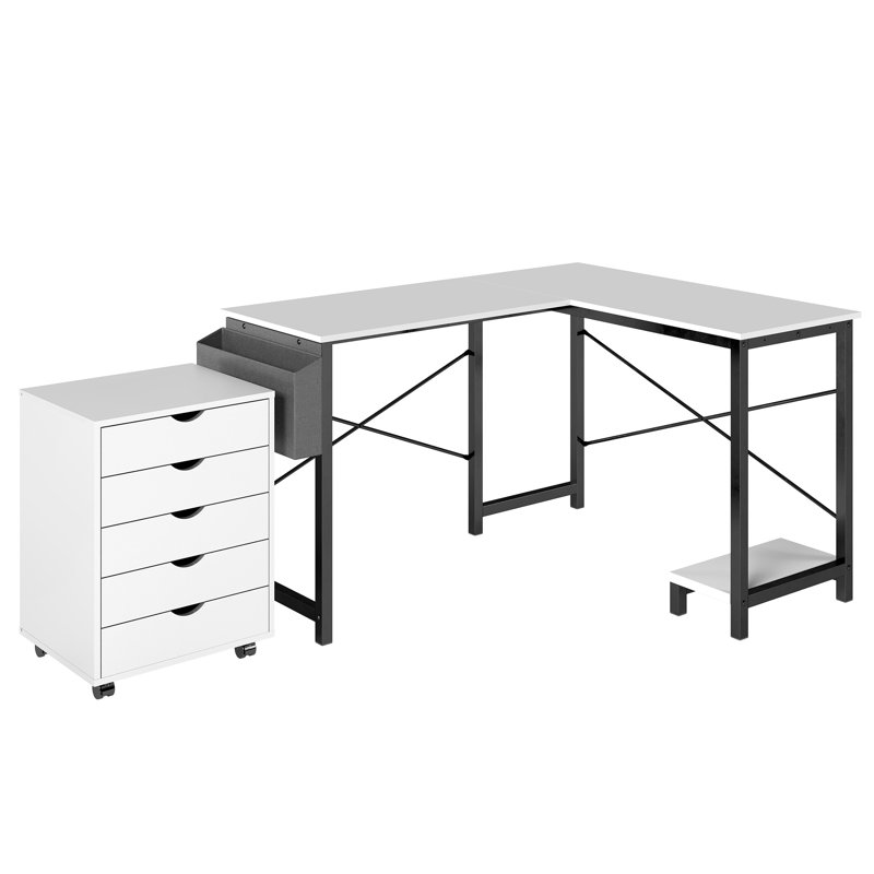 Office Set: L-Shaped Desk And 5 Drawers Mobile File Cabinet, White
