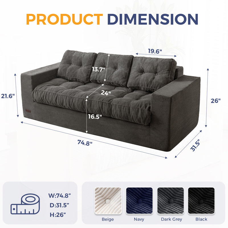 Boneless 3 Seater Couch For Living Room, Boneless Couch With Tufted Cushion & Backrest, Upholstered Floor Sofa With Armrests