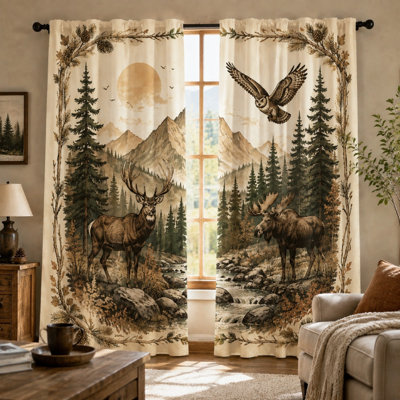 2Pcs Rustic Forest Animals Print Curtains, Woodland Deer Moose Owl Scene Art, Vintage Natural Landscape Window Drapes, Outdoor Nature Themed Room Decor for Home Dector