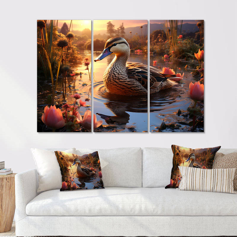 «Brown Duck Feathered Floral Elegance», art mural animal canard, Toile tendue, H 40 po x l 60 po