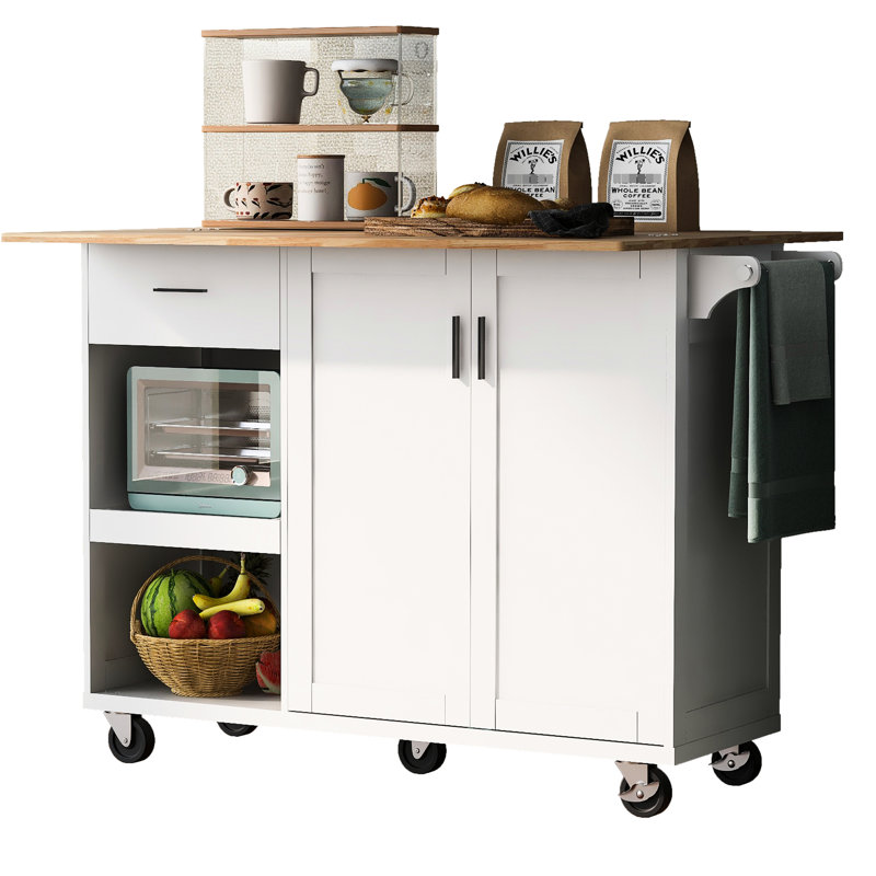 Chariot de cuisine rectangulaire avec support amovible - espace de travail pliable, support à serviettes, tiroir, tablette coulissante et roulettes mobiles White Island