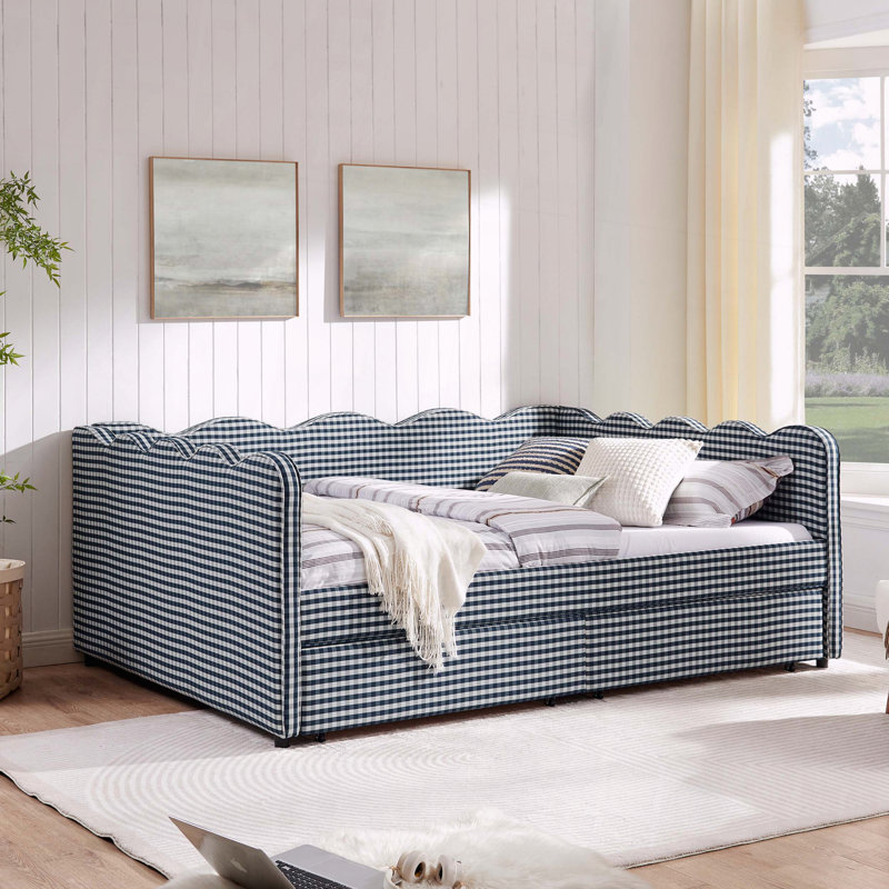 Gingham Daybed Storage Drawers USB Port Wave Shaped, Queen, Navy Blue