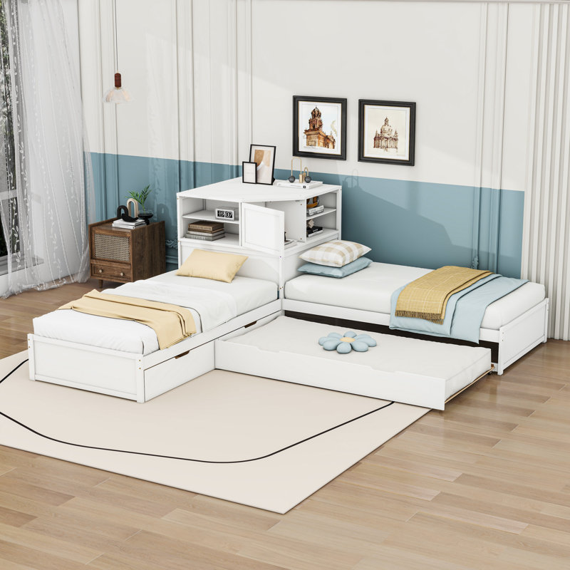Lit plateforme simple et simple à 2 tiroirs en bois avec lit gigogne et tablettes, Blanc