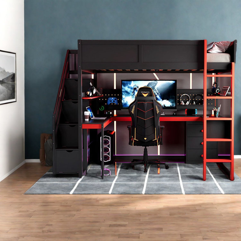 Lits en bois peu encombrants avec rangement, mezzanine de jeu moderne pour la famille