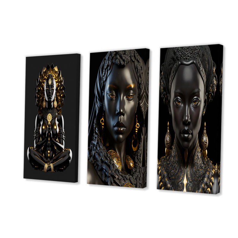 Déesse africaine noire et dorée en lotus 3 pièces, H 28 po x l 36 po x P 1 po