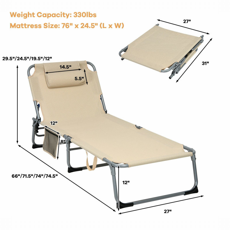 Chaise longue d'extérieur pliable en métal avec coussins noirs amovibles et ensemble latéral, Beige