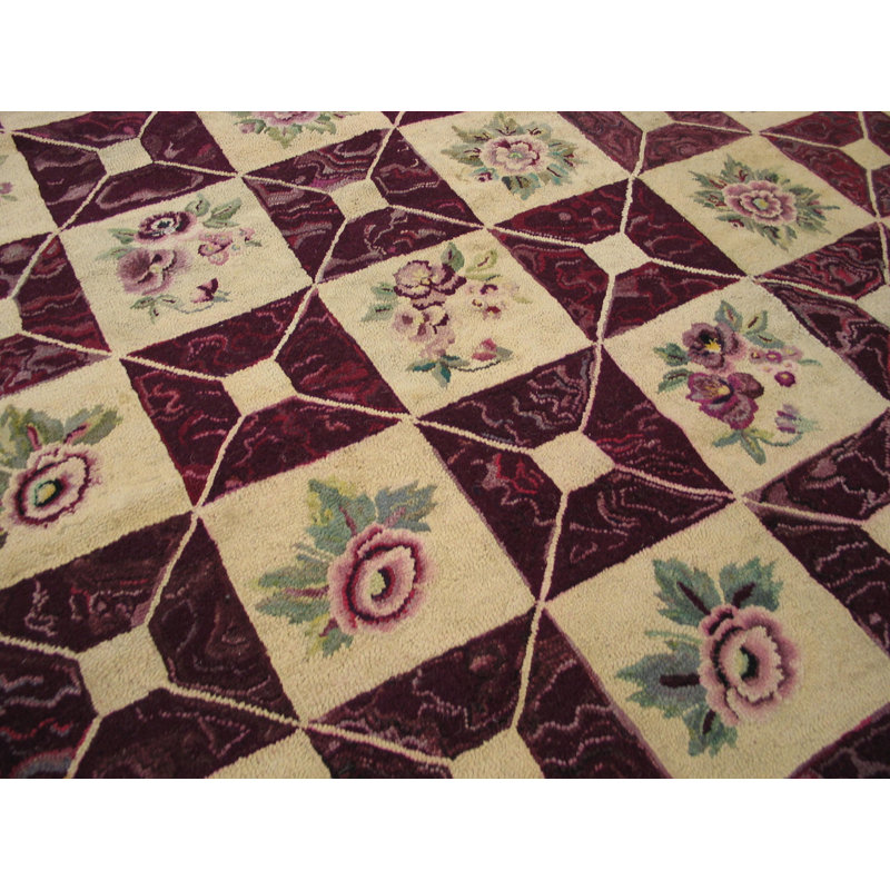 1920s Wool Hooked Antique Allover Geometric American Ivory Beige Cream White Rug