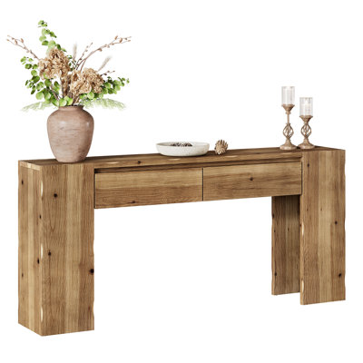 63-Inch Solid Wood Console Table with 2 Drawers, Narrow Entryway Table for Hallway & Behind Sofa, Rustic Farmhouse Slim Sideboard with Natural Oak Finish, Sturdy Fir Wood Construction for Living Room