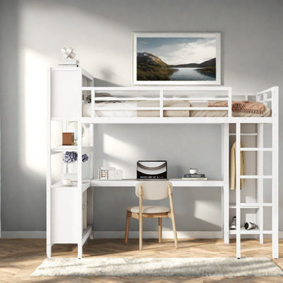 Lit mezzanine en métal avec garde-robe et bureau en forme de L, lit mezzanine grand format avec cubes de rangement et tablettes, lit mezzanine robuste pour enfants, adolescents, adultes, blanc