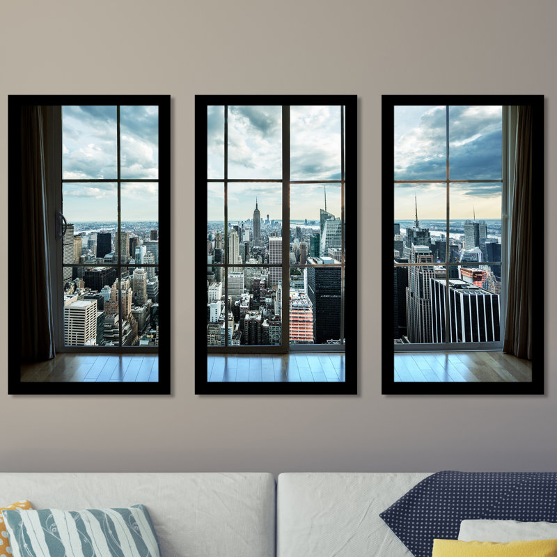 New York Window - ensemble de 3 reproductions de photos encadrées, H 33,5 po x l 52,5 po x P 1 po
