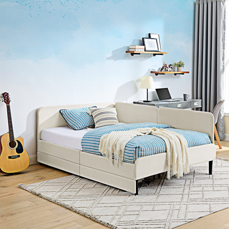 Upholstered Platm Bed Frame With Drawers, Beige, Full