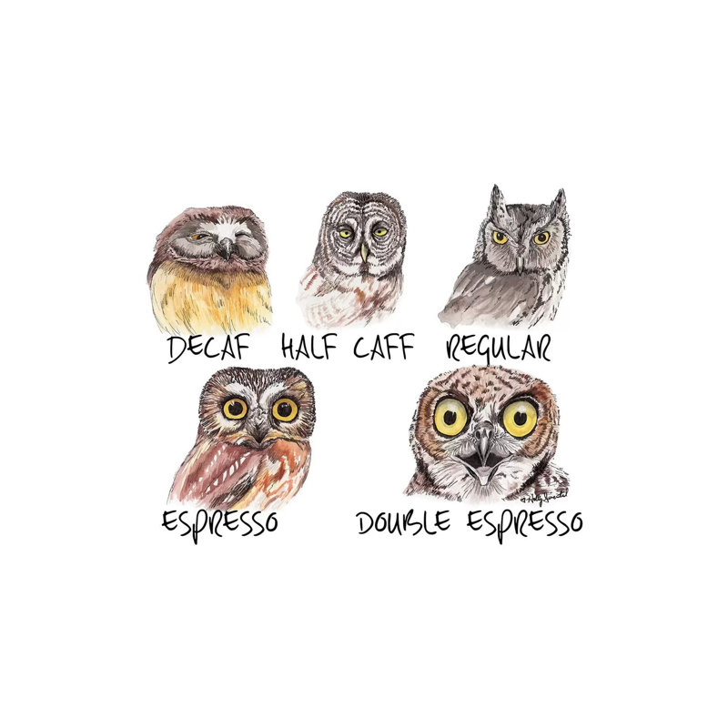 «Owl Caffeine Meter» par Holly Surant, impression sur toile tendue, H 60 po x l 40po x P 1,5 po