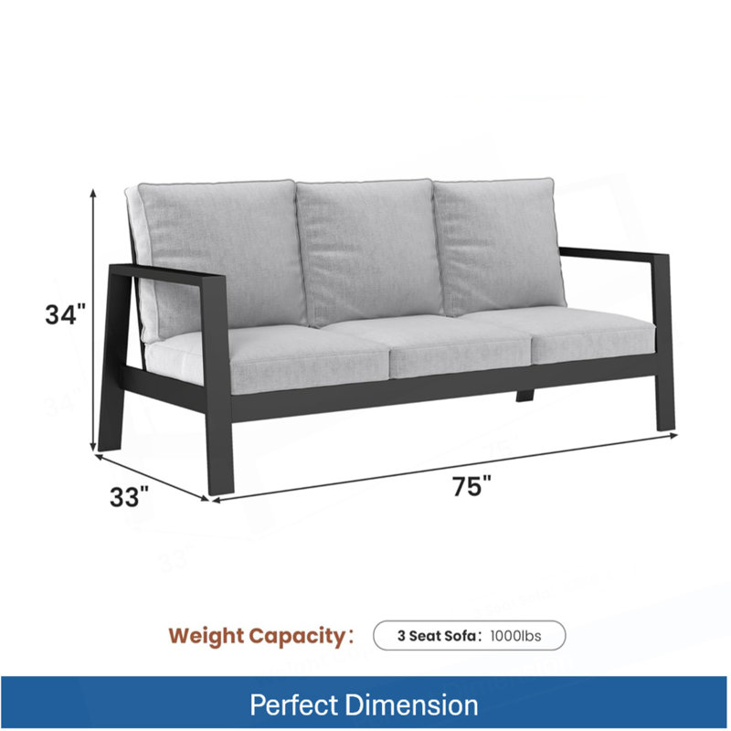 Canapé de patio 75 po 3 places en aluminium toutes saisons avec coussins épais gris clair et structure noire