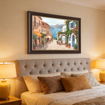 Art mural antique sur toile encadré doré pour le salon, la chambre à coucher, le bureau ou le vestibule - décoration murale décorative avec village méditerranéen