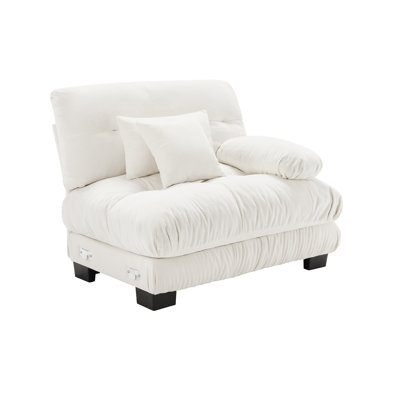 White Chenille Armless Sofa with Two Pillows, Right Side Facing Sectional Component