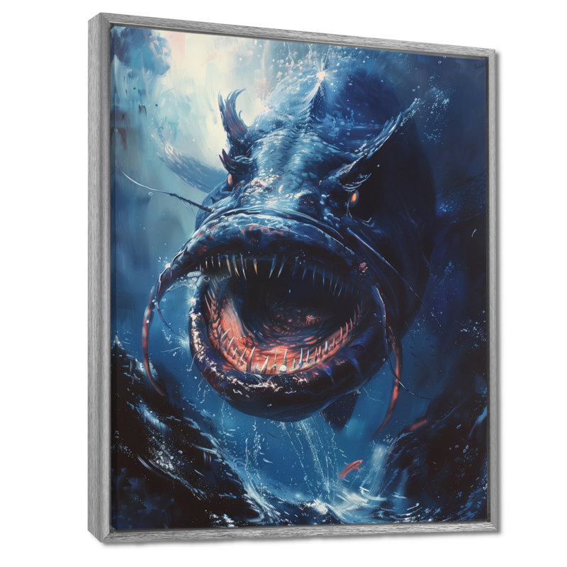«Blue Deep Giant Fish Monster», art mural Sea Creatures, H 32 po x l 24 po x P 1 po, Encadrement argenté