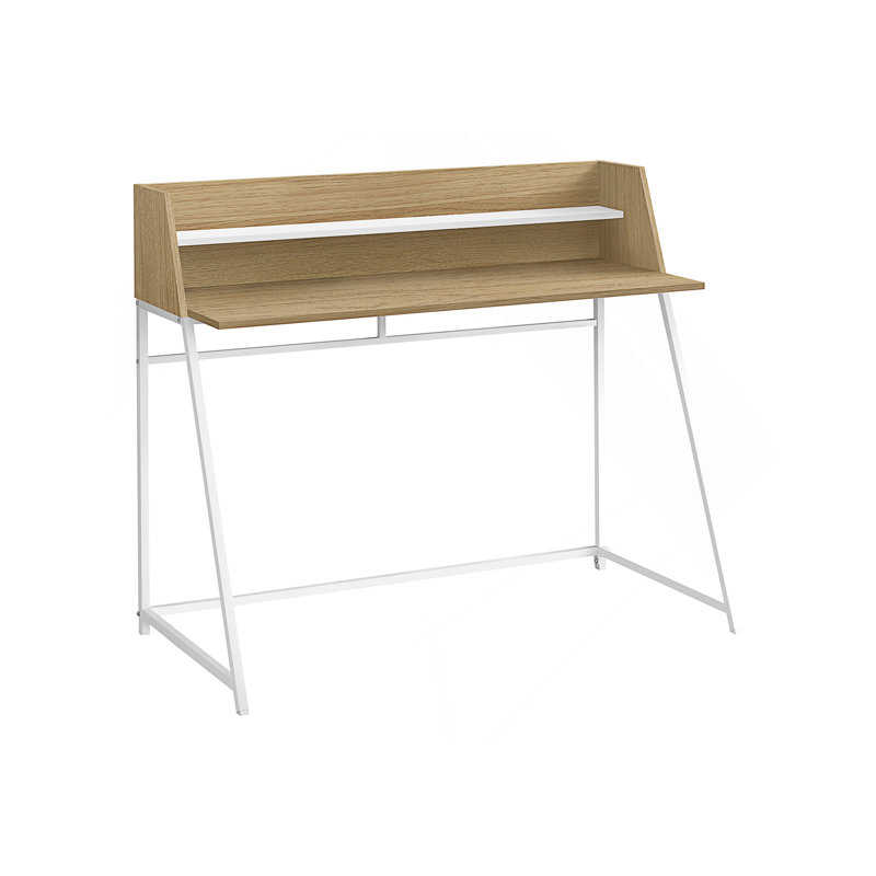 Bureau d'ordinateur moderne avec huche, tablettes de rangement et base en métal robuste pour des espaces de travail à domicile efficaces.