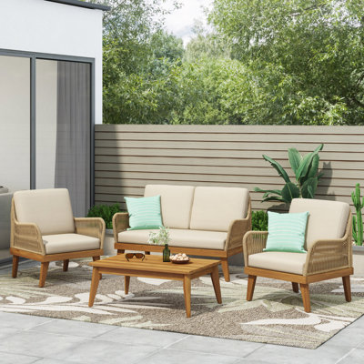 Ensemble de conversation d'extérieur 4 pièces en bois d'acacia avec corde, 1 causeuse et 2 fauteuils club, canapé de conversation en bois d'acacia et 1 table avec coussins résistants à l'eau