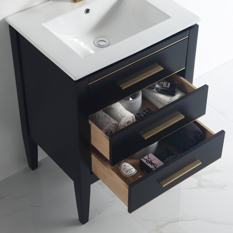 Stewie 24'' Single Bathroom Vanity with White Ceramic Top – Soft Close Drawers & Freestanding Design, Black/Gold