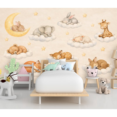 Papier peint chambre d'enfant dormant sur des nuages, Dreamy avec lapin, renard, fauve, lune, parfait pour la chambre de bébé et les enfants