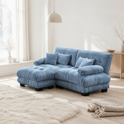 Cloud Couch Sectional Sofa for Living Room, Chenille 2 Seater Sofa with 2 Lumbar pillows and 2 throw pillows , Upholstered Wide Arm Sofa with Convertible Ottoman,Chenille Blue