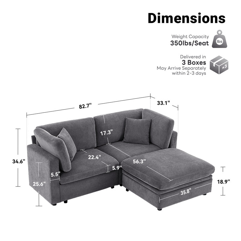 82.7” W Oversized Down-Filled 3-Seater Modular Sofa With Ottoman, Light Gray Chenille