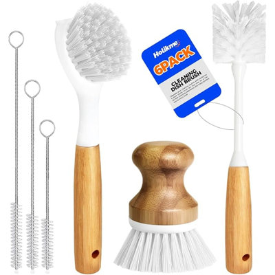 Ensemble de 6 brosses de cuisine avec brosse à bouteilles, brosse à vaisselle, brosse à palmier et brosse à paille, brosses de nettoyage pour fruits et légumes, poignée longue pour poêle à wok en fonte, blanc